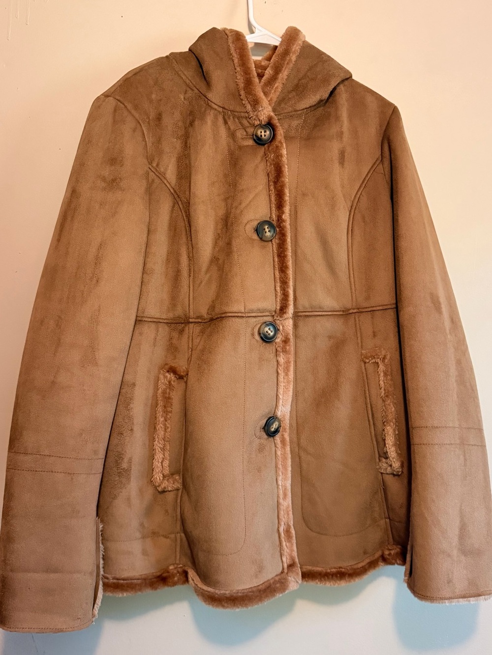 Vintage Jones New York Faux Suede Fur Lined Hooded Coat size Large